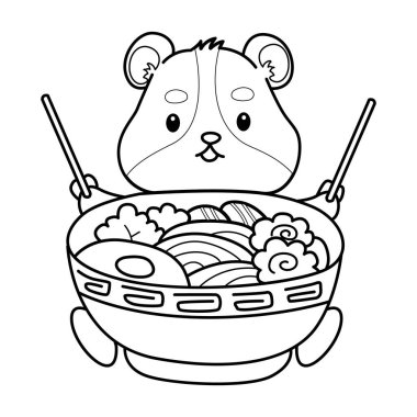 Sevimli hamster çıkartmalarının renkli sayfaları ve aktiviteleri. Turuncu ve beyaz renkler. Ramen yiyen hamsterın ana hatları