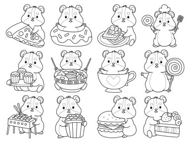 Sevimli hamster çıkartmalarının renkli sayfaları ve aktiviteleri. Turuncu ve beyaz renkler. Hamster 'ın ana hatları fast food ve abur cubur zamanı.