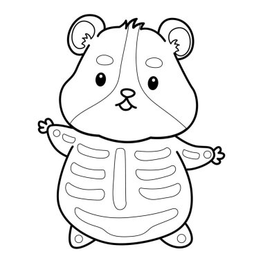 Cadılar bayramı aktiviteleriyle dolu şirin bir hamster çıkartmasının renkli sayfaları. Turuncu ve beyaz renkler. Kafatası kostümü giymiş bir hamster çizgisi.