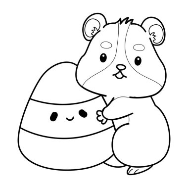 Cadılar bayramı aktiviteleriyle dolu şirin bir hamster çıkartmasının renkli sayfaları. Turuncu ve beyaz renkler. Hamster çizgisi Sarı bir şeker getir