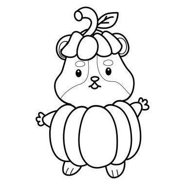 Cadılar bayramı aktiviteleriyle dolu şirin bir hamster çıkartmasının renkli sayfaları. Turuncu ve beyaz renkler. Kabak kostümü giymiş bir hamster çizgisi.