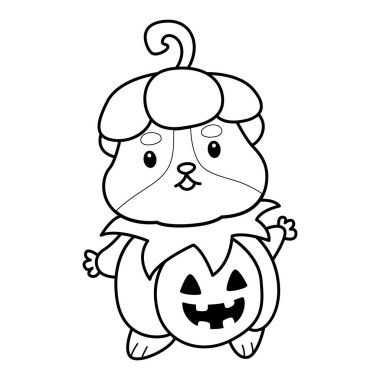 Cadılar bayramı aktiviteleriyle dolu şirin bir hamster çıkartmasının renkli sayfaları. Turuncu ve beyaz renkler. Cadılar bayramında balkabağı kostümlü hamster çizgisi.