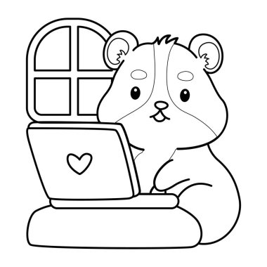 Sevimli hamster çıkartmalarının renkli sayfaları ve aktiviteleri. Turuncu ve beyaz renkler. Not defterine yazılan hamsterın ana hatları