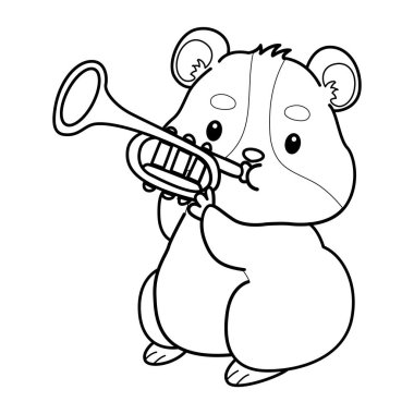 Sevimli hamster çıkartmalarının renkli sayfaları ve aktiviteleri. Turuncu ve beyaz renkler. Trompet çalan hamster çizgisi.