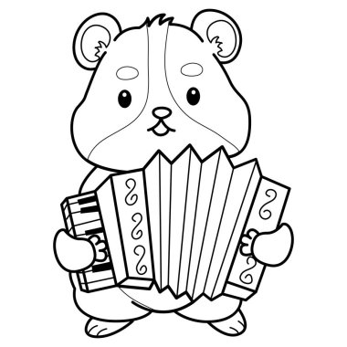Sevimli hamster çıkartmalarının renkli sayfaları ve aktiviteleri. Turuncu ve beyaz renkler. Akordeon çalan hamster taslağı.