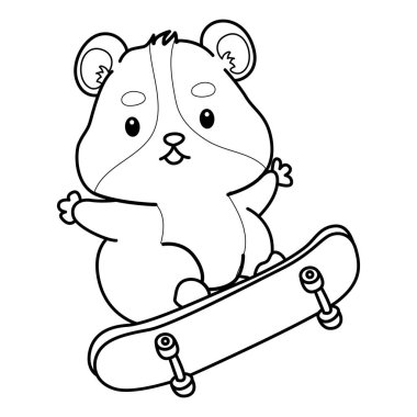 Sevimli hamster çıkartmalarının renkli sayfaları ve aktiviteleri. Turuncu ve beyaz renkler. Kaykay oynayan hamsterın ana hatları.