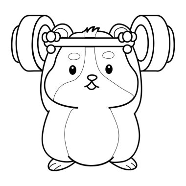 Sevimli hamster çıkartmalarının renkli sayfaları ve aktiviteleri. Turuncu ve beyaz renkler. Dambıl kaldıran bir hamster çizgisi.