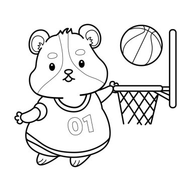 Sevimli hamster çıkartmalarının renkli sayfaları ve aktiviteleri. Turuncu ve beyaz renkler. Basketbol oynayan hamsterın taslağı.