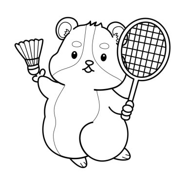Sevimli hamster çıkartmalarının renkli sayfaları ve aktiviteleri. Turuncu ve beyaz renkler. Badminton oynayan hamster taslağı.