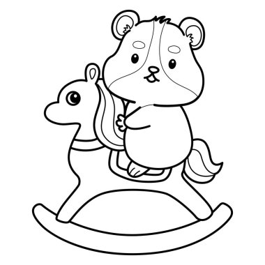 Sevimli hamster çıkartmalarının renkli sayfaları ve aktiviteleri. Turuncu ve beyaz renkler. Kayalık ata binen hamster çizgisi.
