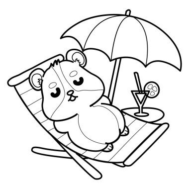 Sevimli hamster çıkartmalarının renkli sayfaları ve aktiviteleri. Turuncu ve beyaz renkler. Sahilde yatan hamsterın ana hatları.