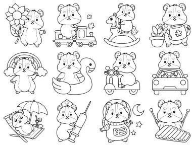 Sevimli hamster çıkartmalarının renkli sayfaları ve aktiviteleri. Turuncu ve beyaz renkler. Ulaşım varyasyonunda hamster ana hatları