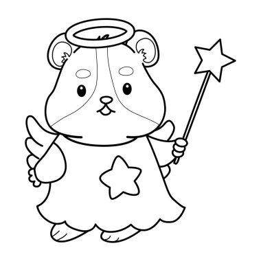 Sevimli hamster çıkartmalarının renkli sayfaları ve aktiviteleri. Turuncu ve beyaz renkler. Hamster 'ın dış hatları melek gibi.