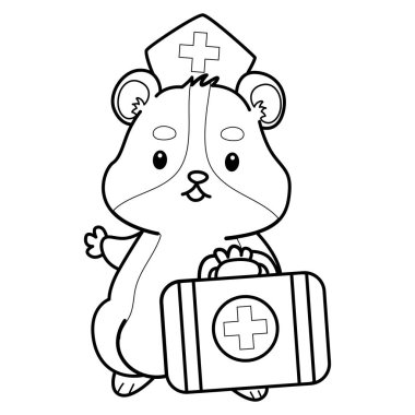 Sevimli hamster çıkartmalarının renkli sayfaları ve aktiviteleri. Turuncu ve beyaz renkler. Hamster taslağı. İlk yardım çantası getir.