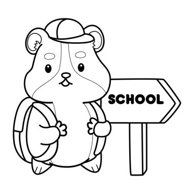 Sevimli hamster çıkartmalarının renkli sayfaları ve aktiviteleri. Turuncu ve beyaz renkler. Hamster 'ın taslağı okula gitmek istiyor.