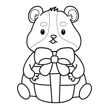 Sevimli hamster çıkartmalarının renkli sayfaları ve aktiviteleri. Turuncu ve beyaz renkler. Hamster 'ın ana hatları. Hediye kutusu getir.