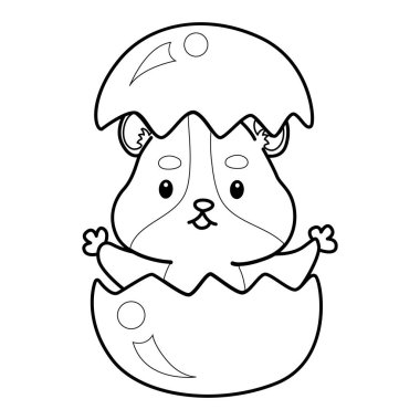 Sevimli hamster çıkartmalarının renkli sayfaları ve aktiviteleri. Turuncu ve beyaz renkler. Yumurta çatırtısında hamster 'ın ana hatları