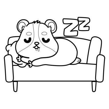 Sevimli hamster çıkartmalarının renkli sayfaları ve aktiviteleri. Turuncu ve beyaz renkler. Kanepede yatan hamsterın ana hatları.