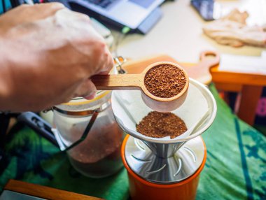 Handle with a spoon to scoop coffee powder into a drift cup.