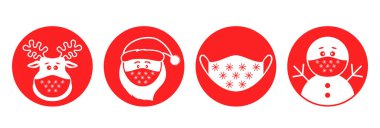 Bir dizi Noel salgını çıkartması. Noel Baba, geyik, koruyucu maskeli kardan adam.