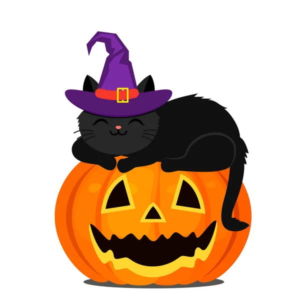 Un lindo gatito negro en un sombrero de bruja morado duerme en una calabaza naranja para Halloween — Vector de stock