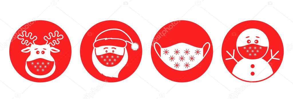 set of Christmas pandemic stickers. Santa claus, deer, snowman in medical protective masks