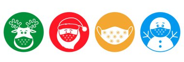 Bir dizi Noel salgını çıkartması. Noel Baba, geyik, koruyucu maskeli kardan adam. Düz doğrusal simgeler. Beyaz arkaplanda izole edilmiş vektör illüstrasyonu