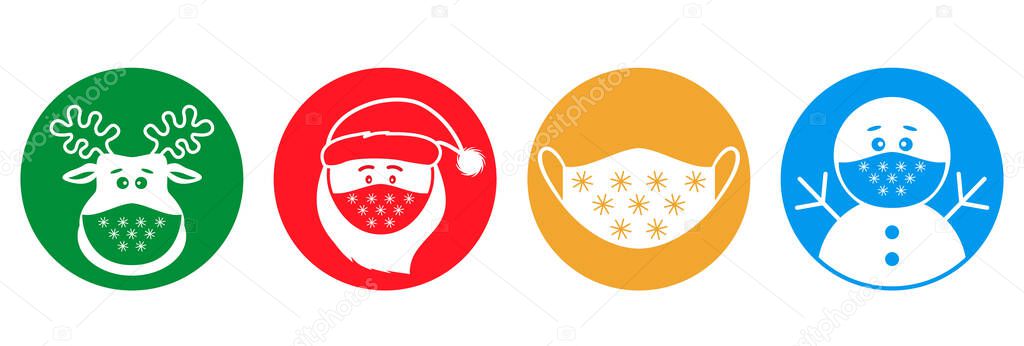 set of Christmas pandemic stickers. Santa claus, deer, snowman in medical protective masks. icons in flat linear style. vector illustration isolated on white background