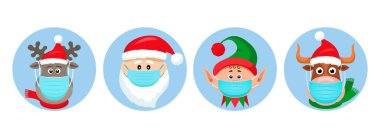 Bir dizi Noel salgını çıkartması. Noel Baba, geyik, elf, tıbbi koruyucu maskeli boğa..