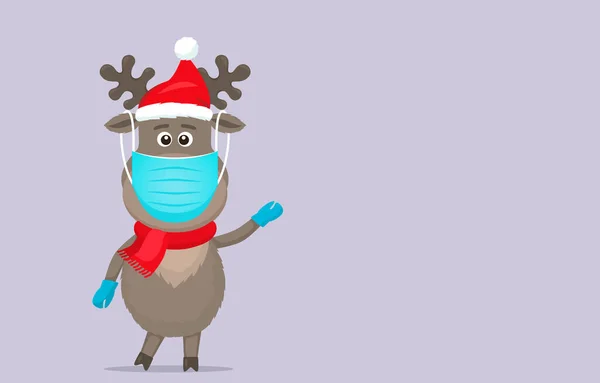 Cervos polares em um chapéu de Papai Noel em uma máscara médica e luvas cirúrgicas. —  Vetores de Stock