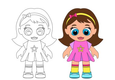 Elbise giymiş güzel bir bebek, numuneyle boyamak için. düz vektör çizimi beyaz arkaplanda izole edildi