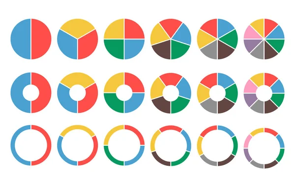 Grande conjunto de gráficos de torta coloridos. 2,3,4,5,6,8 secções. Ícones planos — Vetor de Stock