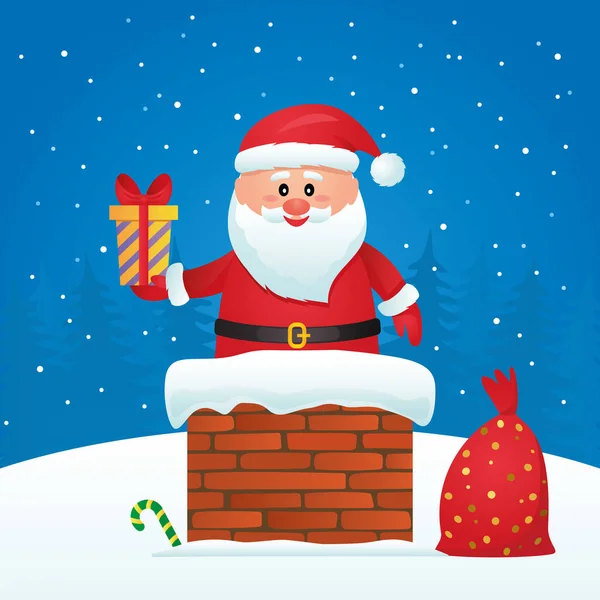 Cute Santa Claus tkwi w kominie z prezentem w pobliżu pełnej torby — Wektor stockowy