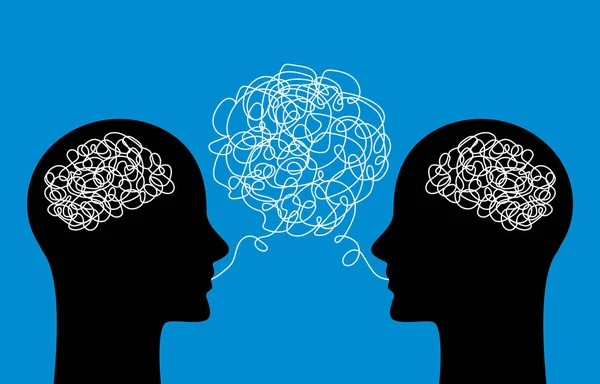 Δύο Κεφάλια Ανθρώπων Μπερδεμένες Σκέψεις Στο Κεφάλι Τους Μιλάνε Και — Διανυσματικό Αρχείο