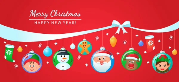 Greeting Card Christmas Poster Packaging Christmas Balls Faces Santa Claus — Stock Vector