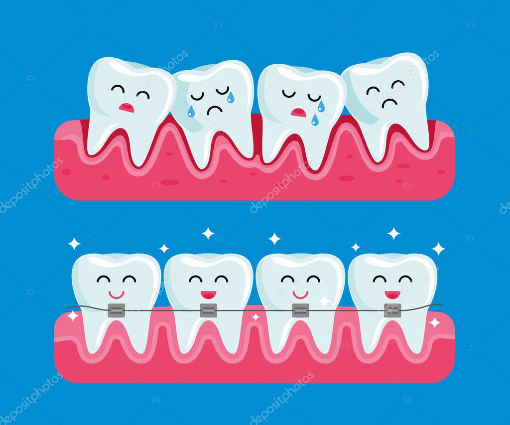 teeth before and after braces. funny dental illustration in cartoon style
