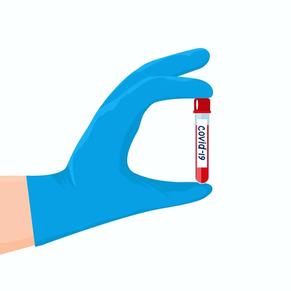 青い医療用手袋の医師の手は Covid 19テストの分析を保持しています 治療と予防と万能薬として世界のコロナウイルスと戦う 白い線で区切られたベクターイラスト — ストックベクタ