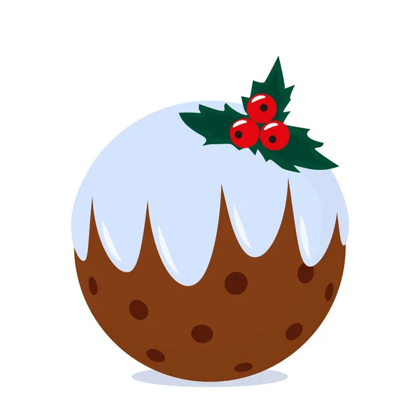 Pudding de Noël en glaçure blanche avec un brin et des baies de houx. — Image vectorielle