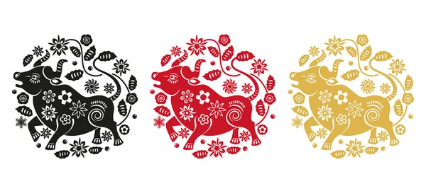 Zestaw 3 ilustracji w kolorze czarnym, czerwonym i złotym. byk symbolem nowego chińskiego roku 2021. — Wektor stockowy