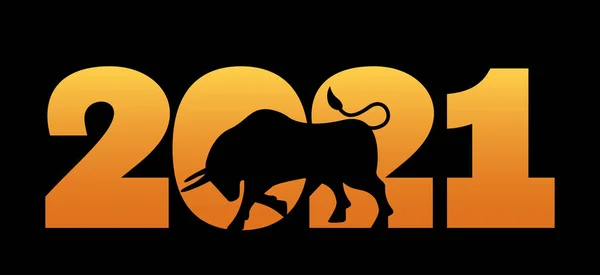 Η επιγραφή των χρυσών αριθμών 2021 και η σιλουέτα ενός ταύρου ως σύμβολο του νέου έτους. — Διανυσματικό Αρχείο