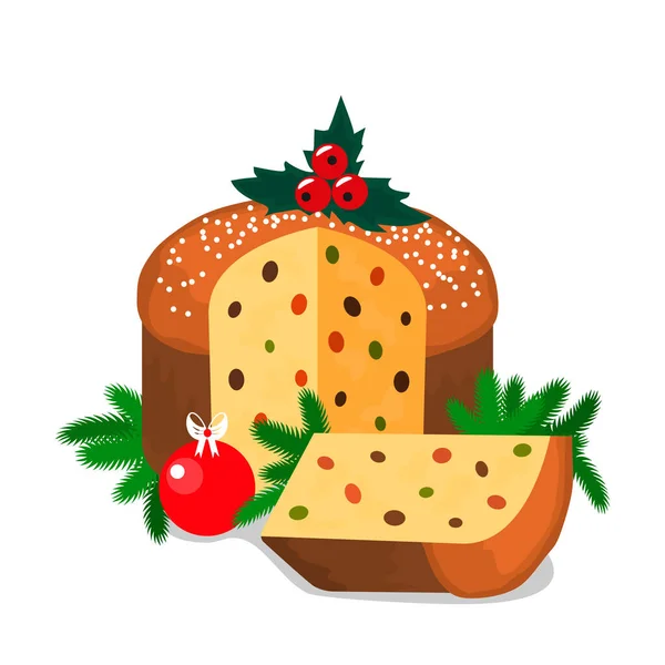 Traditional christmas panettone with christmas tree branches, holly and christmas ball. — Stock Vector