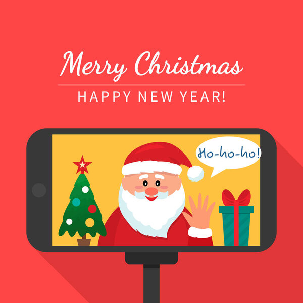 santa claus congratulates children on a video call. greeting card.