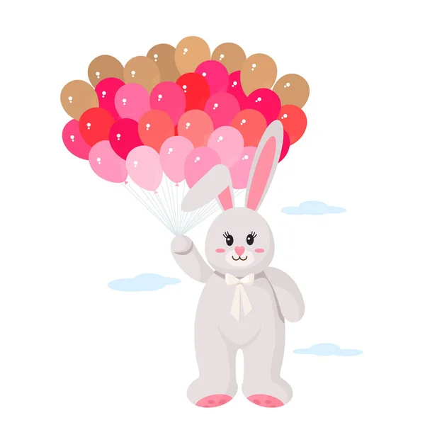 Mignon Lapin Peluche Volant Sur Air Ballons Rouges Roses Concept — Image vectorielle