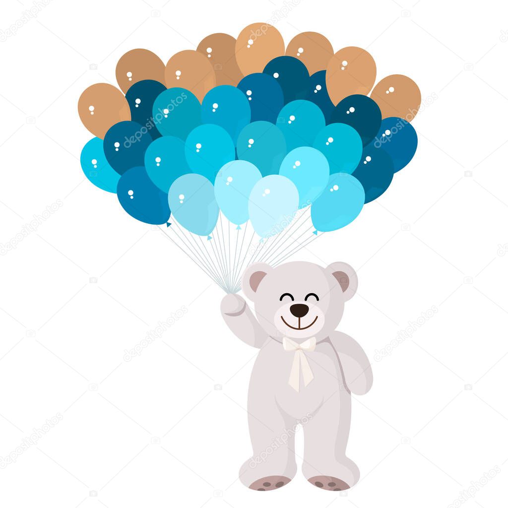 cute teddy bear flying on air blue and gold balloons. concept of congratulations happy birthday, mother's day, valentine's day. vector illustration
