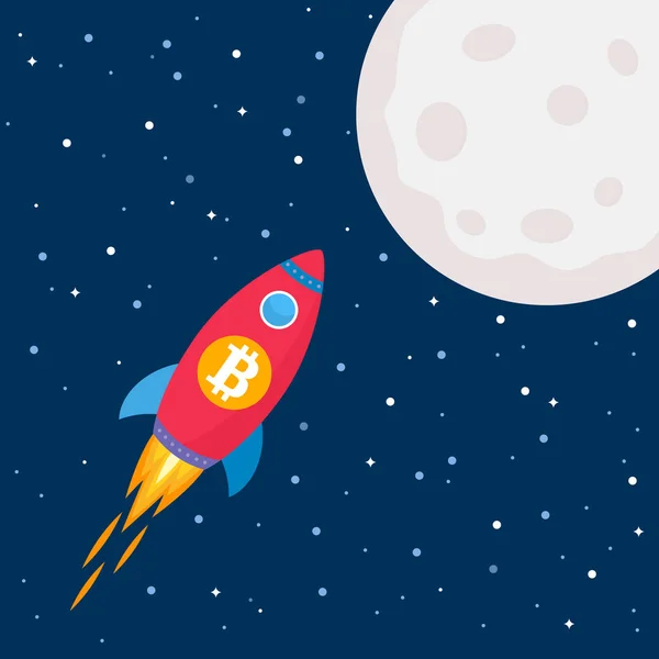 Bitcoin Disparó Luna Concepto Crecimiento Criptomoneda Éter Etéreo Btc Ilustración — Vector de stock