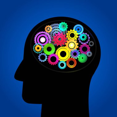 Head and Brain Gears devam ediyor. Bir adamın kafasının silueti ve dişlileri. İş süreci kavramı. Vektör illüstrasyonu izole edildi
