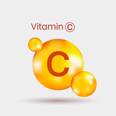 C vitamininin gölgeli gerçekçi hacimli sürükleyicisi. Gri arkaplanda vektör illüstrasyonu