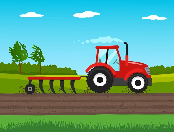 Tractor Plows Field Spring Agriculture Concept Vector Illustration — Stock Vector