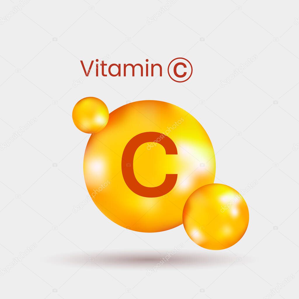 realistic volumetric dragee of vitamin C with shadow. vector illustration on gray background