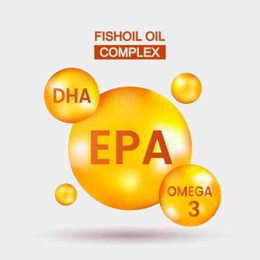 Omega-3 vitamini, EPA yağ asitleri, DHA. Kimyasal formül. Kapsül hapları vektör illüstrasyonu beyaz izole arka planda. Havada yükselen vitamin damlaları.